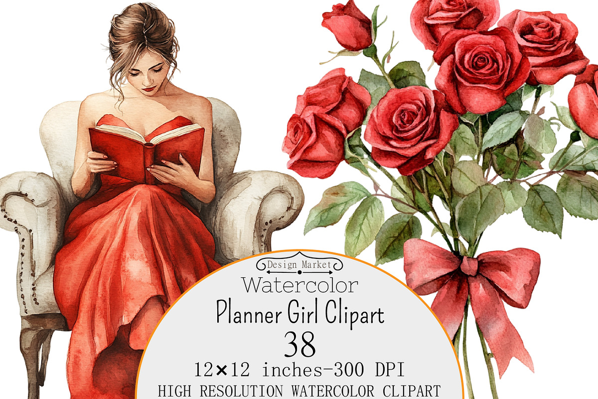 Watercolor Planner Girl Clipart, a Seasonal Illustration by Design Market (Photo 1 of 4)