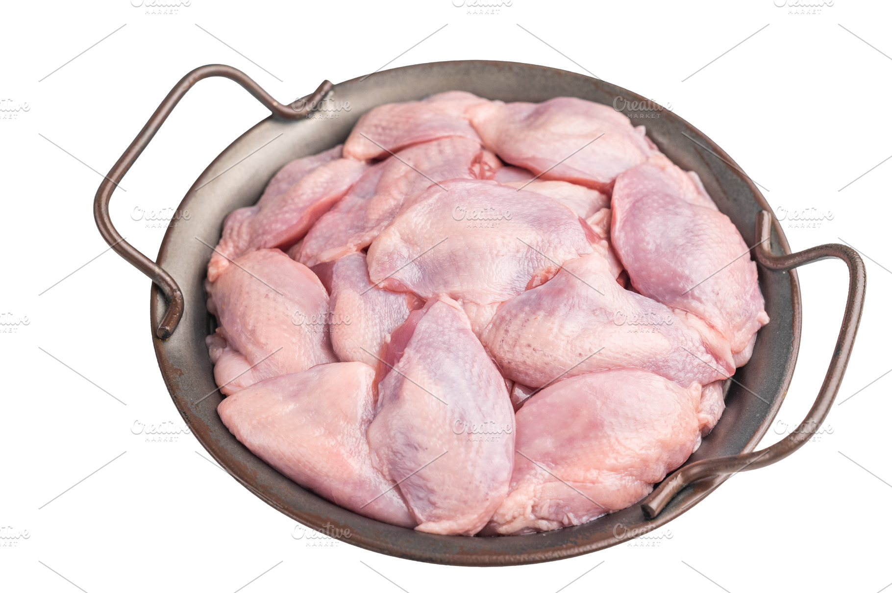 Fresh raw quail breasts (skin-on) arranged in a round metal pan,, a Food & Drink Photo by composter-box@mail.ru