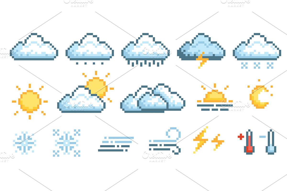 Pixel weather icons. 8 bit style, an Object Illustration by YummyBuum