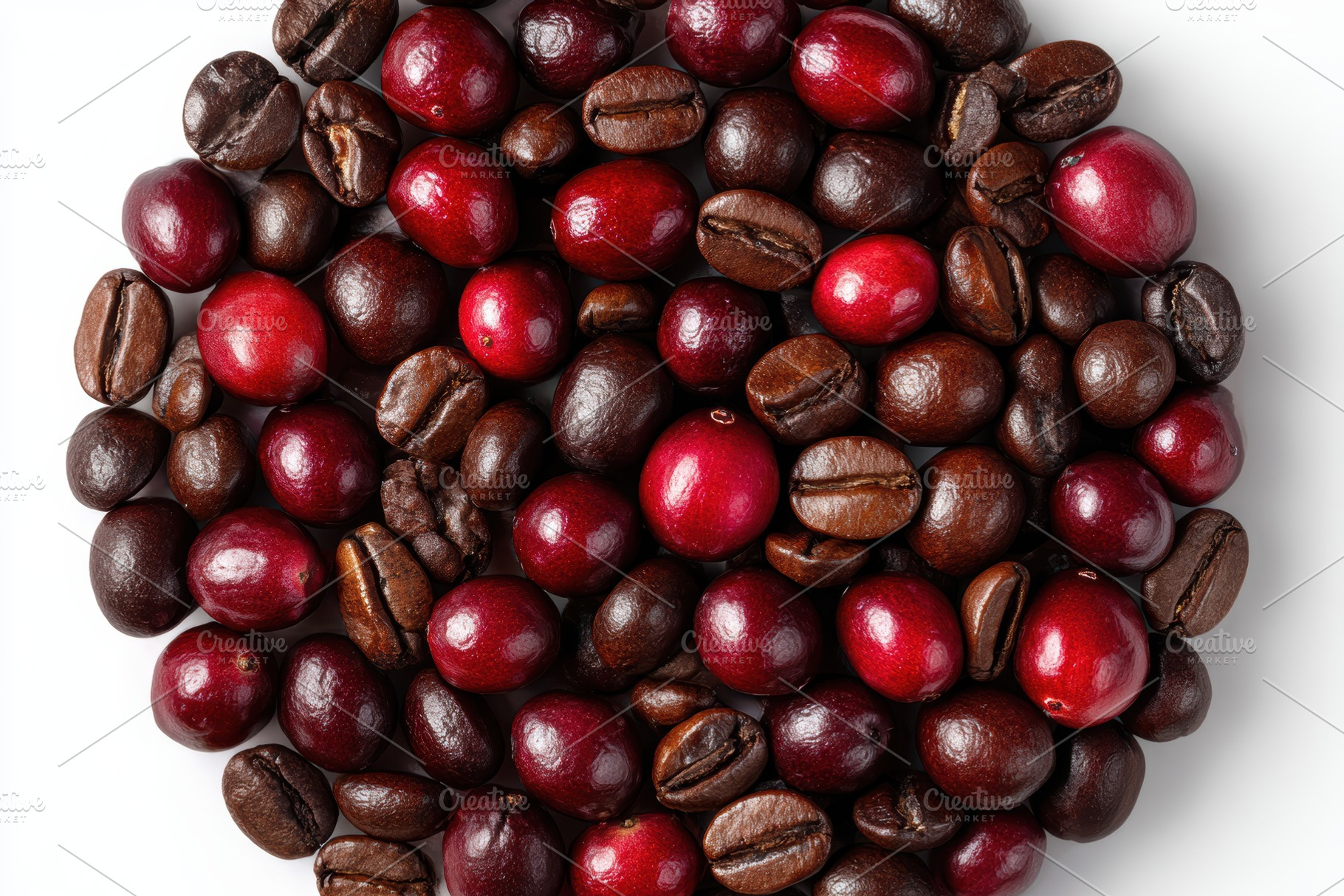 Red coffee cherries and roasted bean, a Photo by Pixeness Studio