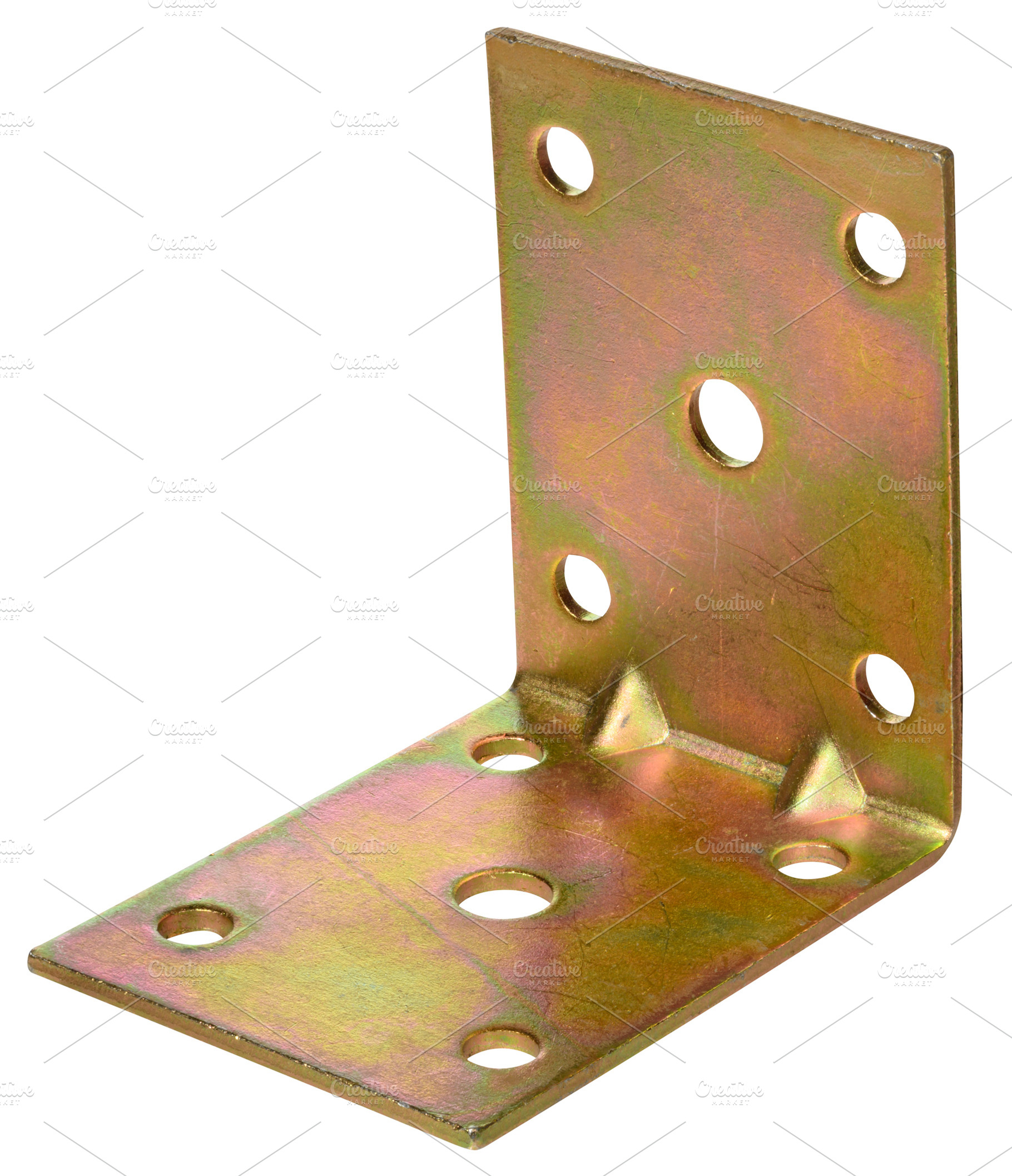 A shiny, golden colored metal corner bracket or angle brace with, an Industrial Photo by ndanko