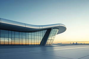Beautiful futuristic facade of airport building, an Architecture Photo by AlyaAnd