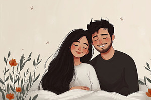 Smiling Couple Embracing In Nature-themed Illustrated Portrait