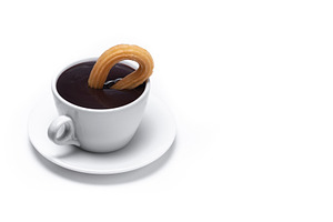 Spanish churros with hot thick chocolate in a white cup, a Food & Drink Photo by etorres69