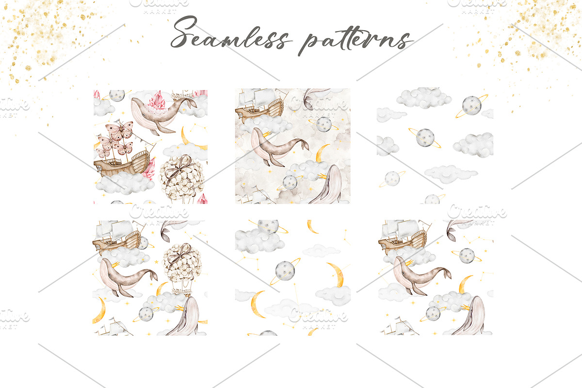 Dreamy Whales Watercolor Clip Art, a Decorative Illustration by Eves_Aquadreams (Photo 6 of 9)