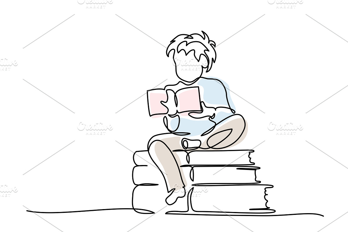 Boy sitting cross-legged on stack of, a Person Illustration by Valenty