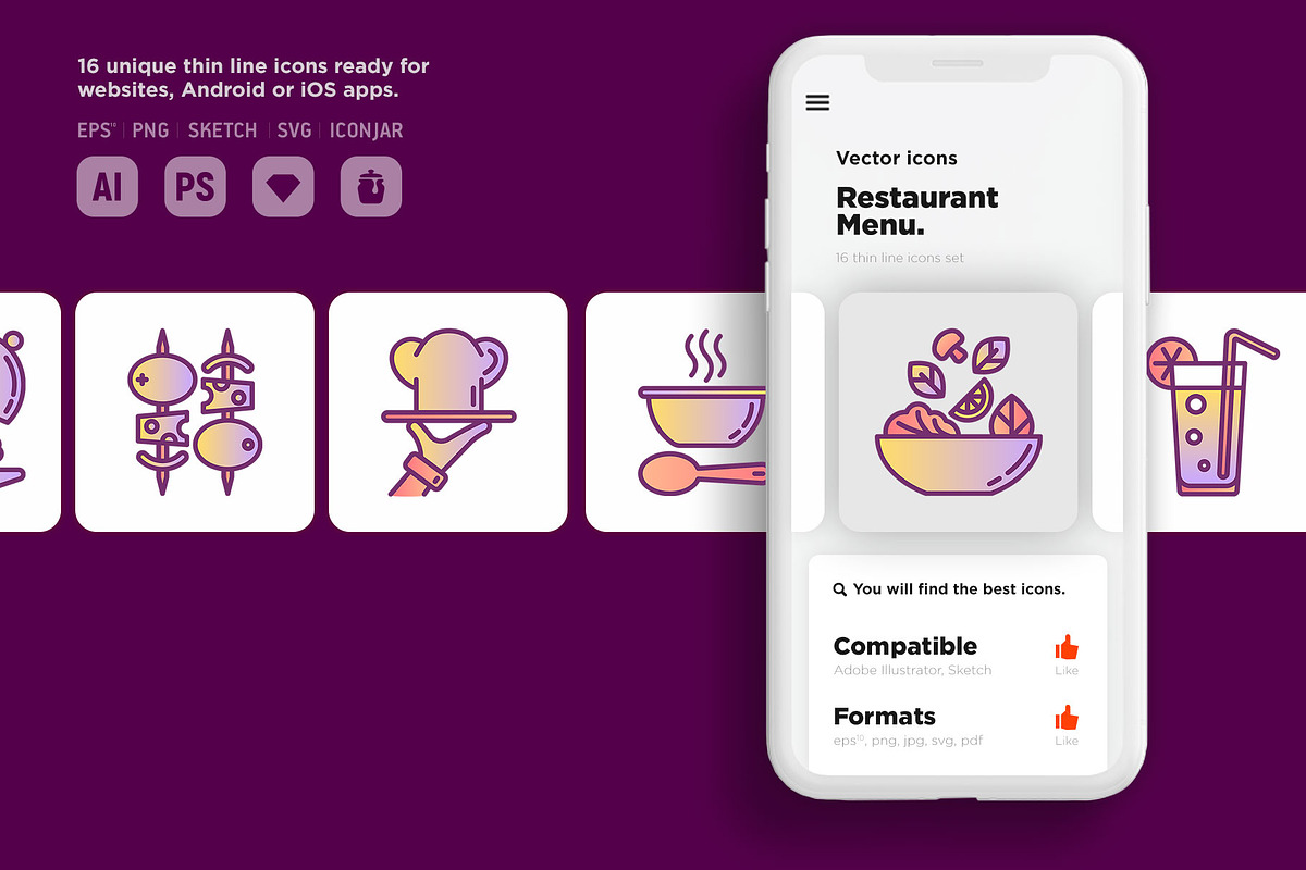 Restaurant Menu | 16 Thin Line Icons, an Outline Icon by Alex Blogoodf (Photo 10 of 12)