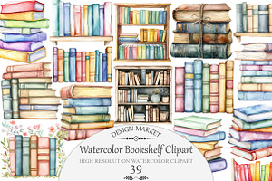 Watercolor Bookshelf Clipart, an Illustration by Design Market