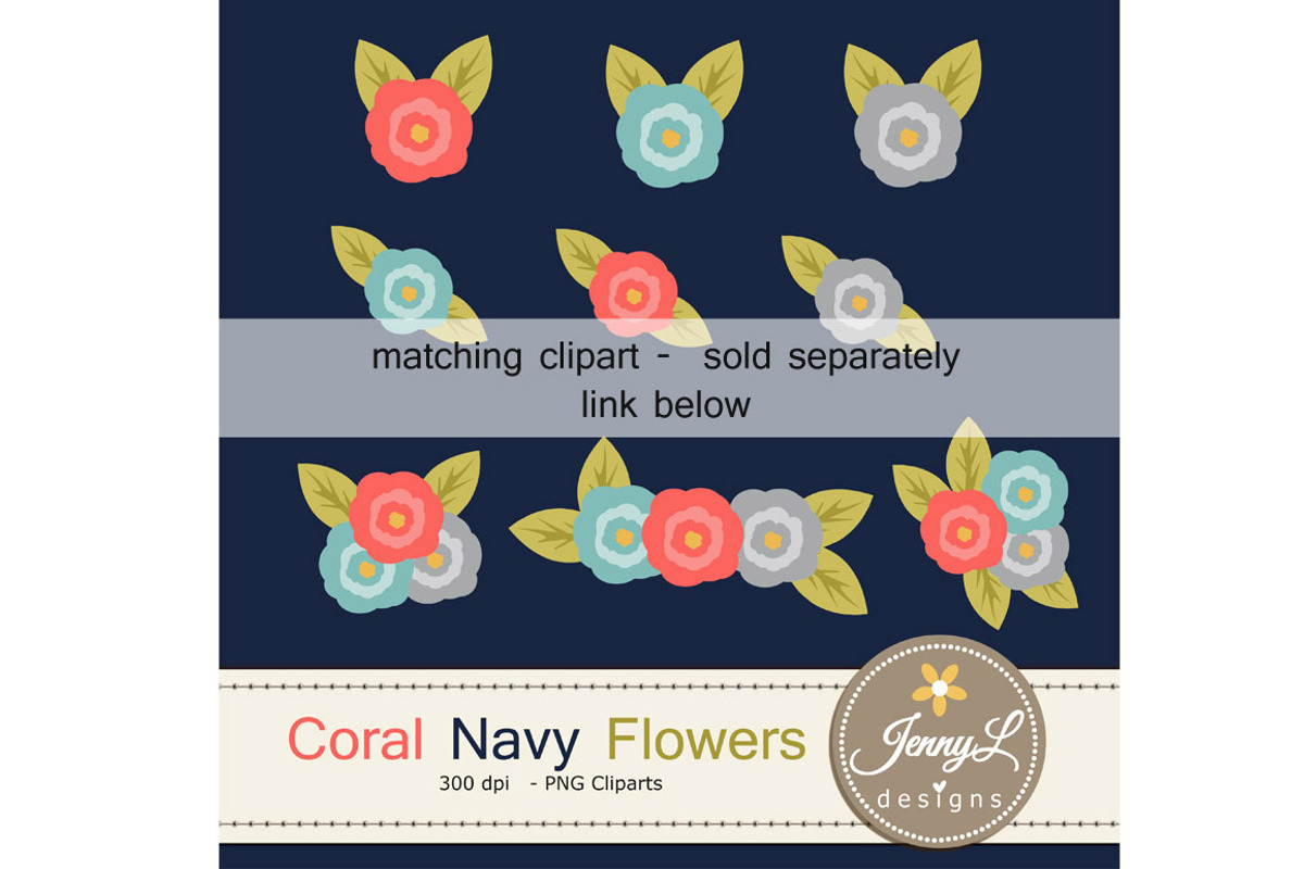 Coral Navy Floral Digital Papers, a Pattern Graphic by JennyL Designs (Photo 5 of 5)