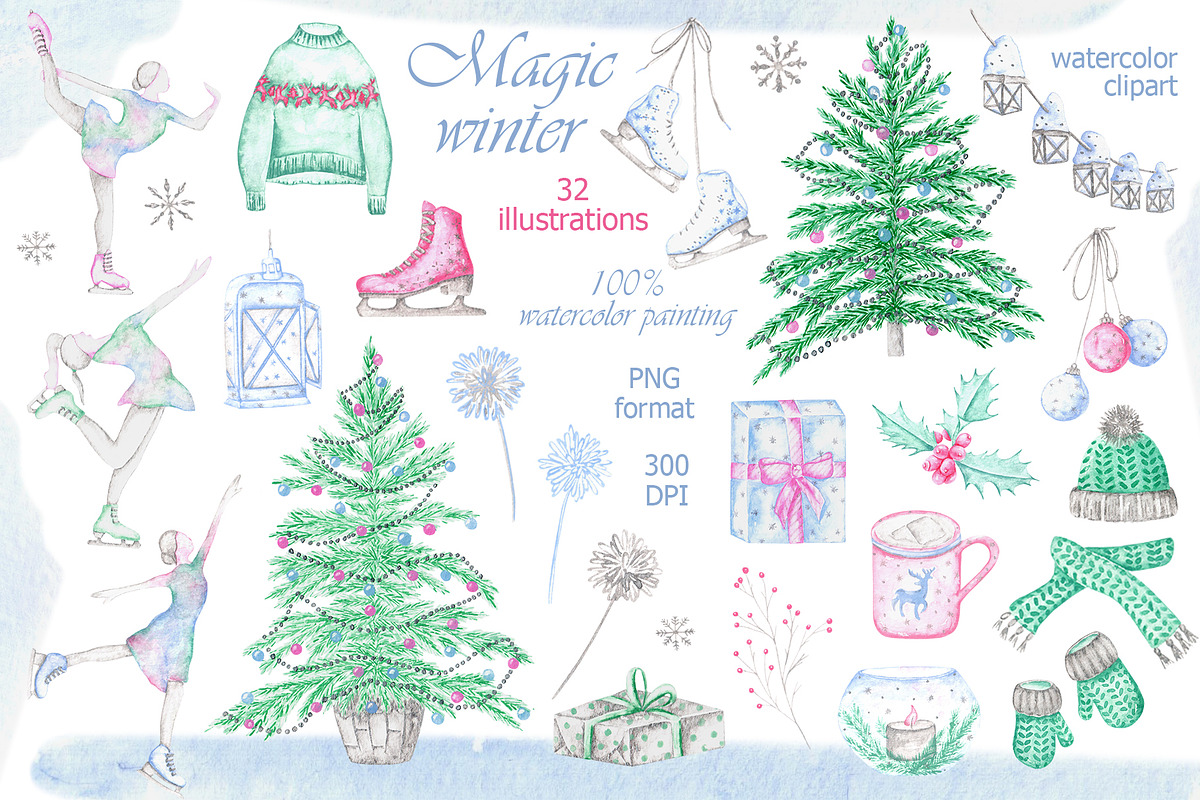 Magic winter watercolor clipart., a Seasonal Illustration by SabinaWatercolorArt (Photo 2 of 7)