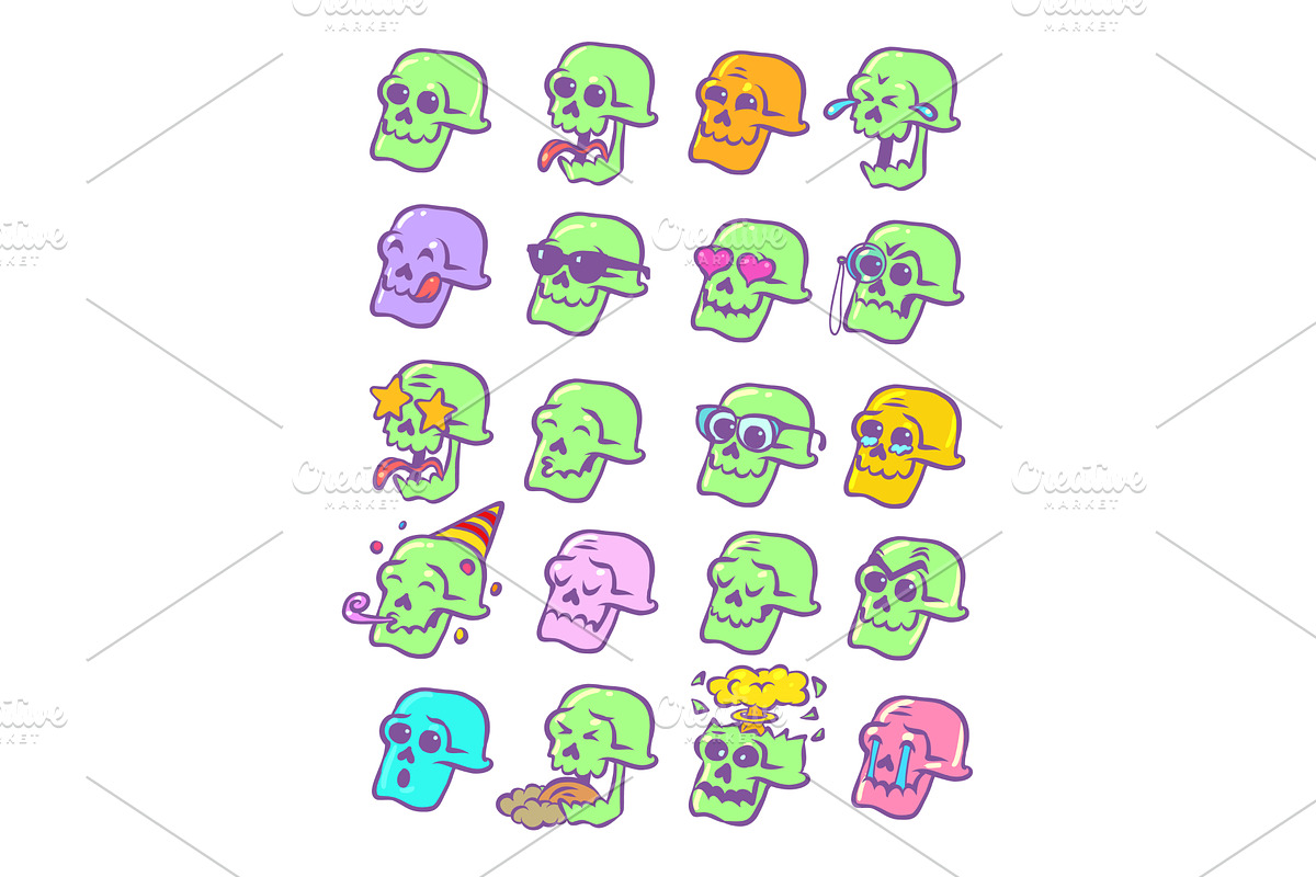 Set of skeleton skull emotions, an Illustration by rogistok