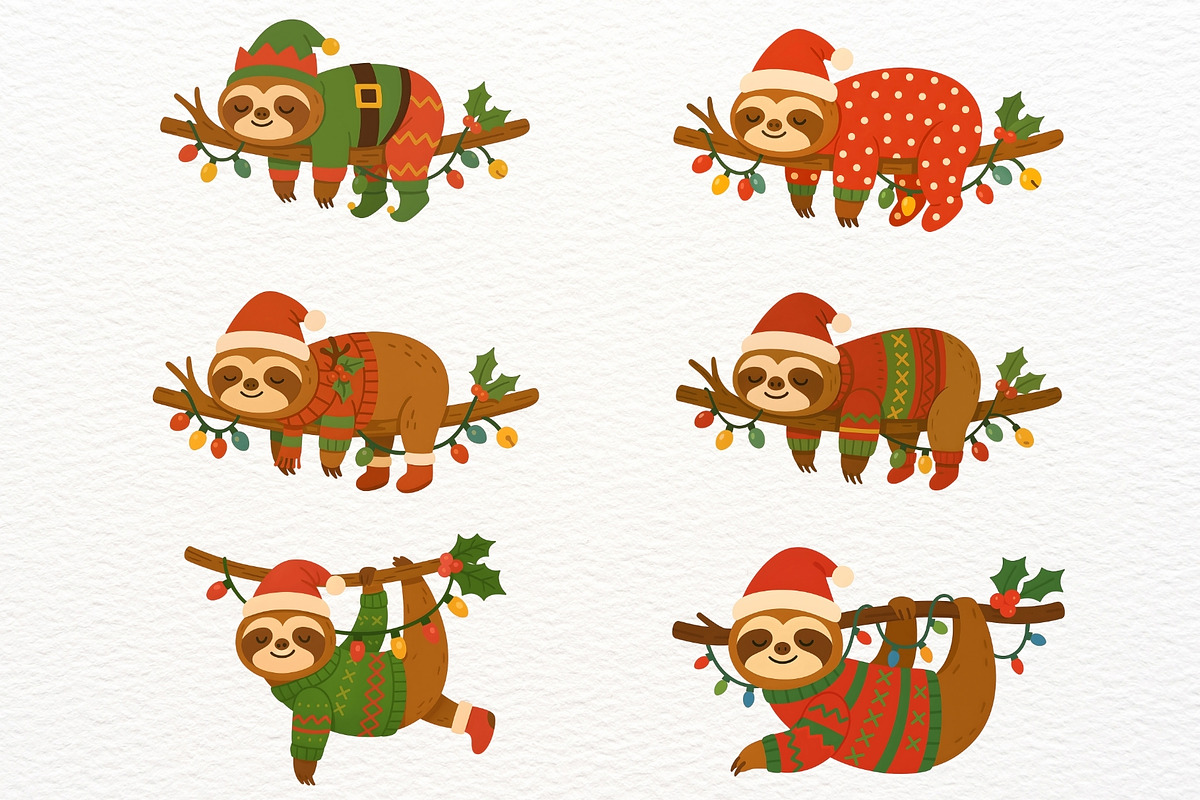 Funny Christmas Sloth Clipart, a Seasonal Illustration by Nicolle's Colorful Art (Photo 3 of 6)