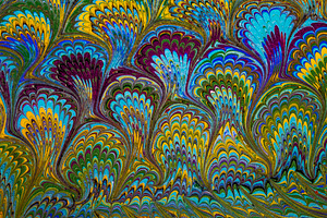 Peacock pattern hand painted paper containing paper, hand made, and peacock