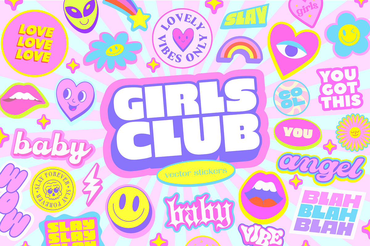 GIRLS CLUB - VECTOR Y2K STICKERS SET, an Object Graphic by craftlove (Photo 1 of 13)