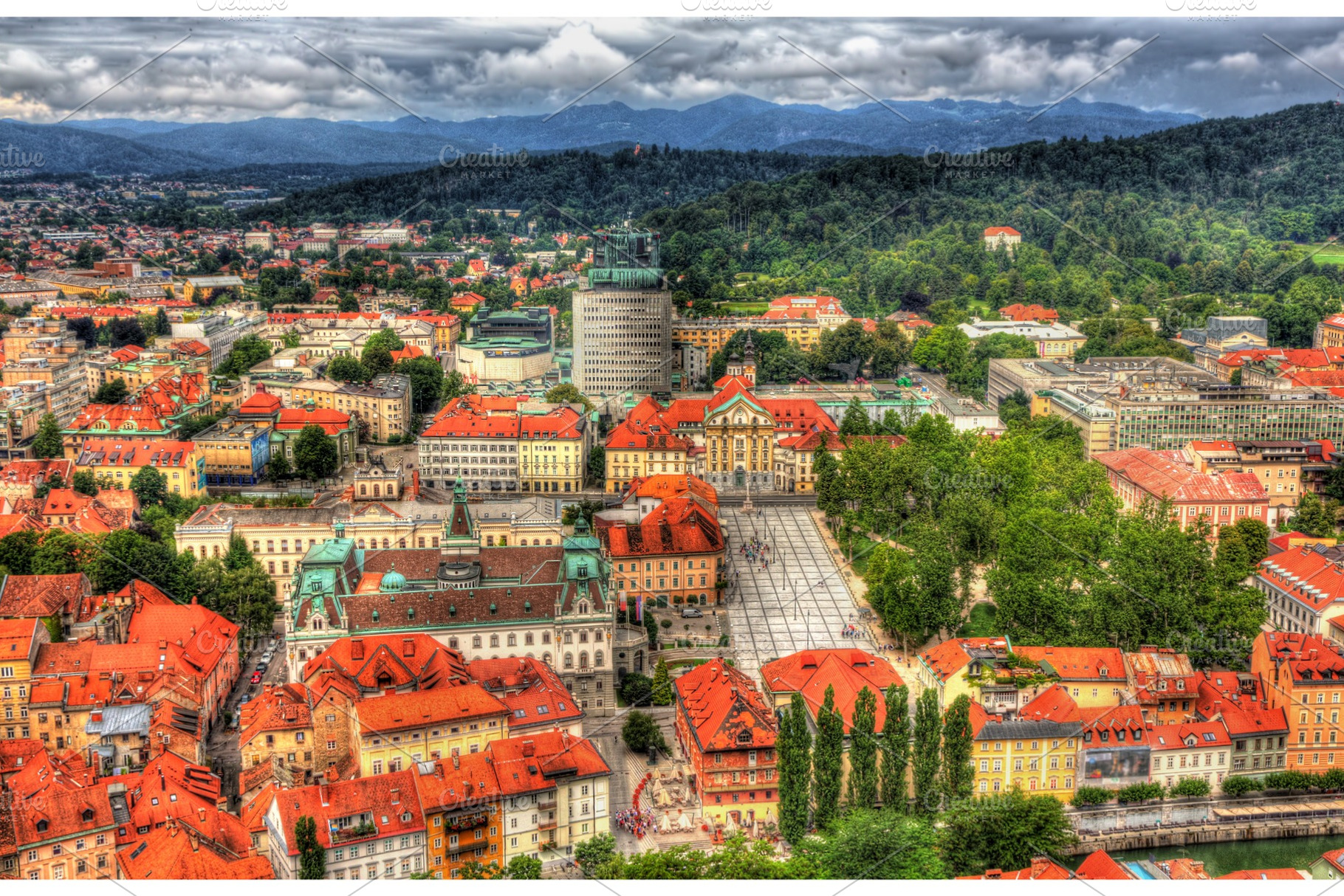 Aerial view of Congress square in Ljubljana, Slovenia, an Architecture Photo by Leonid Andronov