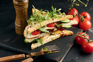 Grilled chicken sandwich with fresh tomatoes, cucumbers, arugula, a Food & Drink Photo by ndanko