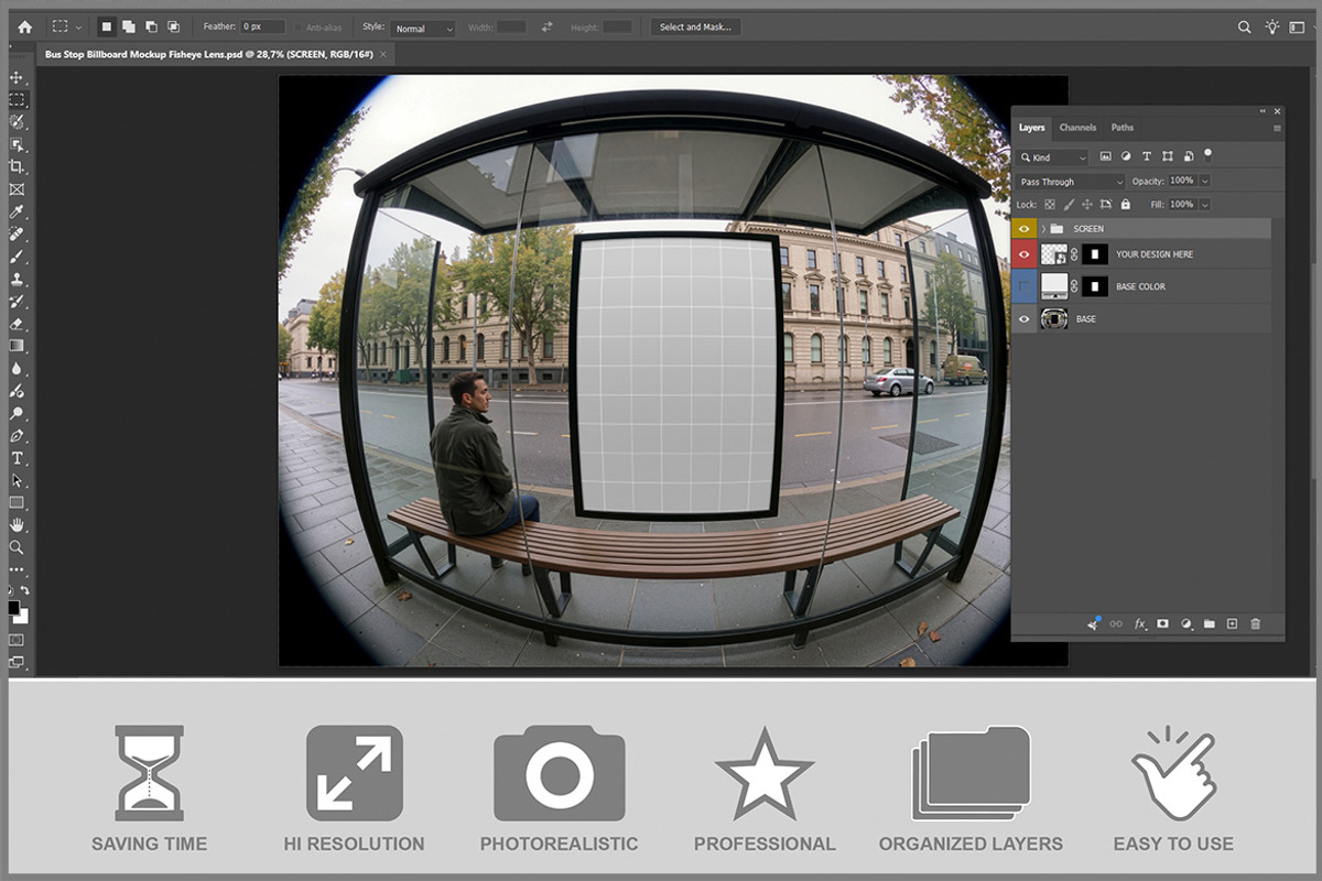 Bus Stop Billboard Fisheye Lens PSD, a Wearable Device Mockup by Bruno's Shop (Photo 2 of 3)