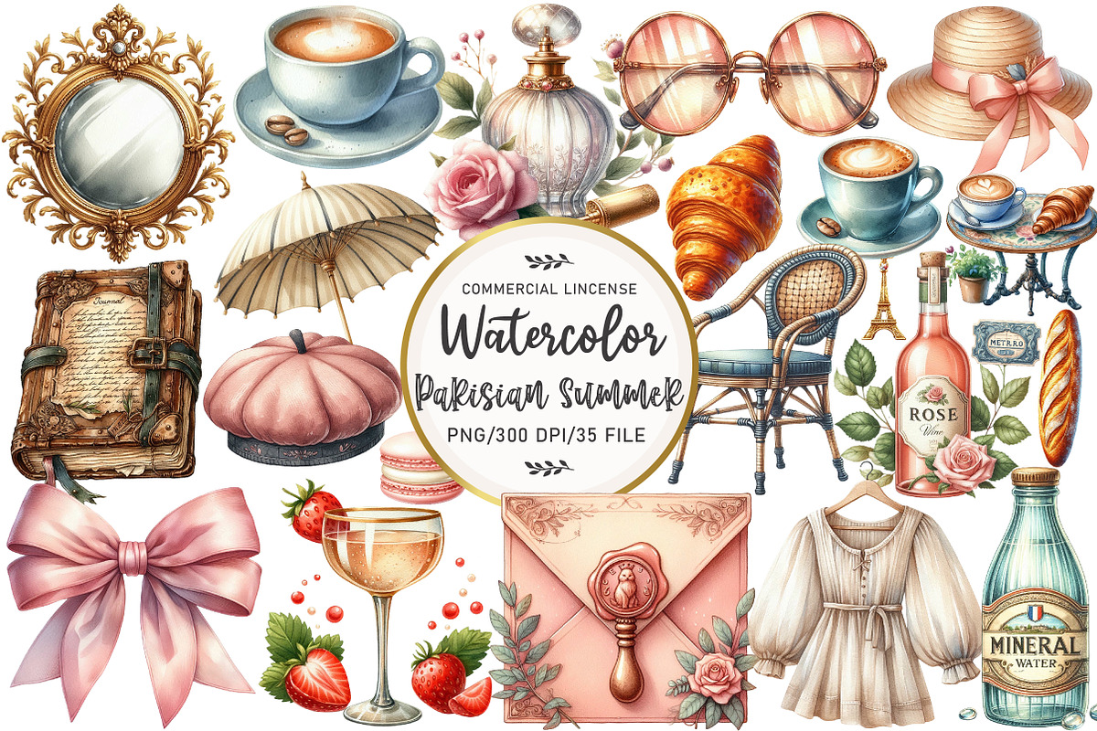 Watercolor Parisian Summer Clipart, an Illustration by OK Design (Photo 1 of 5)