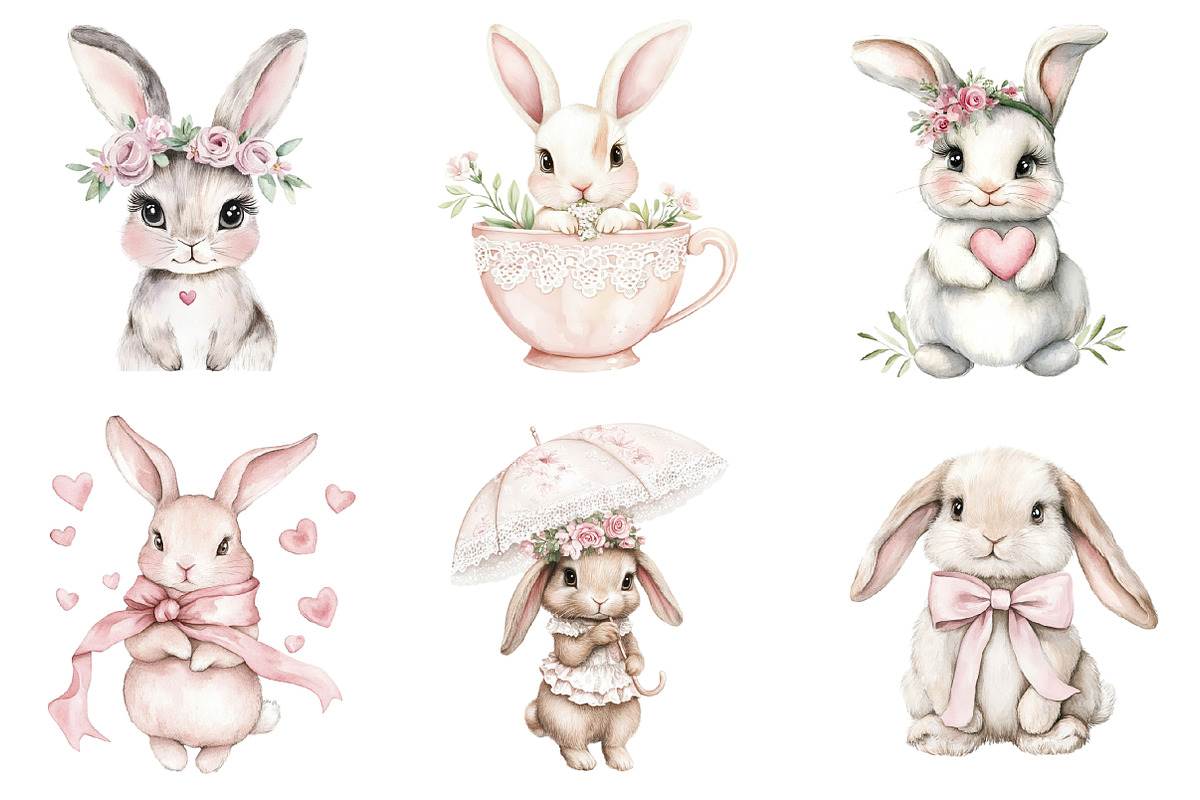 Cute Coquette Baby Bunny Clipart PNG, an Illustration by SinaCreation (Photo 3 of 5)