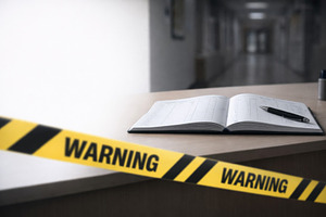Warning tape and open logbook on des, a Photo by Dvoevnore photos