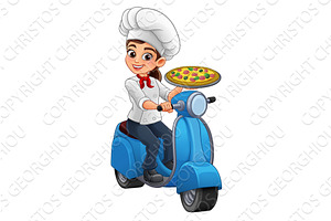 Female Woman Chef Pizza Delivery, a Food Illustration by Christos Georghiou
