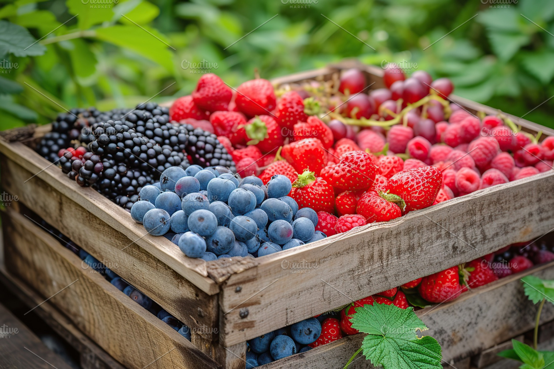 Fresh ripe berries in wooden crate in the garden, a Food & Drink Photo by AlyaAnd