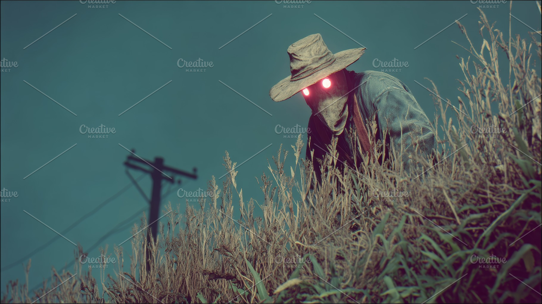 Scarecrow with glowing eyes lurking in a field at night, creepy farmer horror p, a Photo by AS photostudio