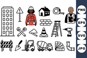 Construction Tools And Worker Clipar, an Illustration by designvectx