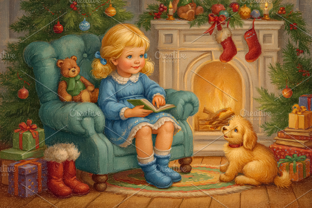 Young girl reading Christmas stories by fireplace with puppy, en, a Decorative Illustration by Studio ANNA