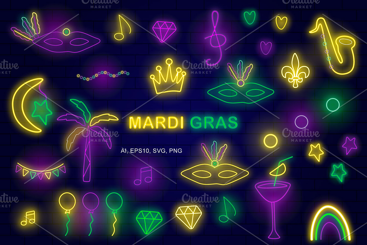 Mardi Gras Neon Vector Icons, an Outline Icon by kh_cat (Photo 1 of 3)