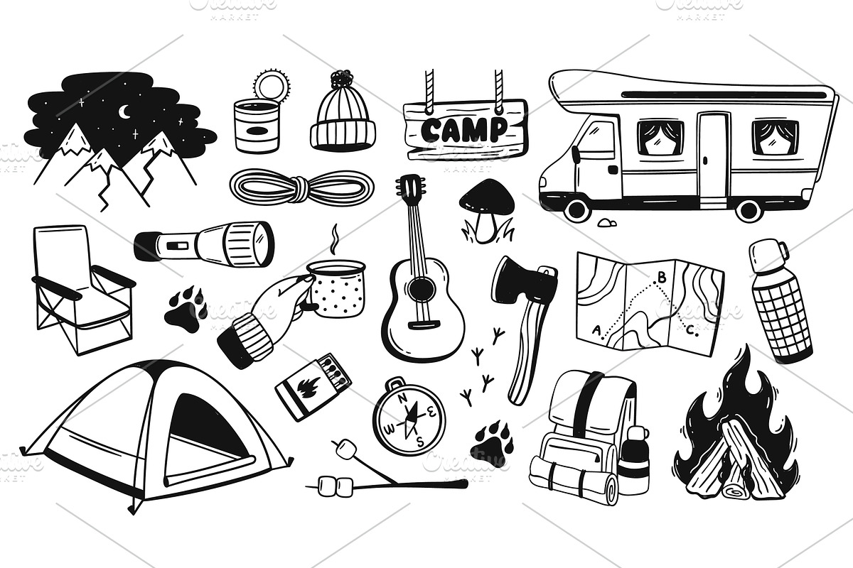 Camping doodle. Hand drawn tents and, an Illustration by winwin.art