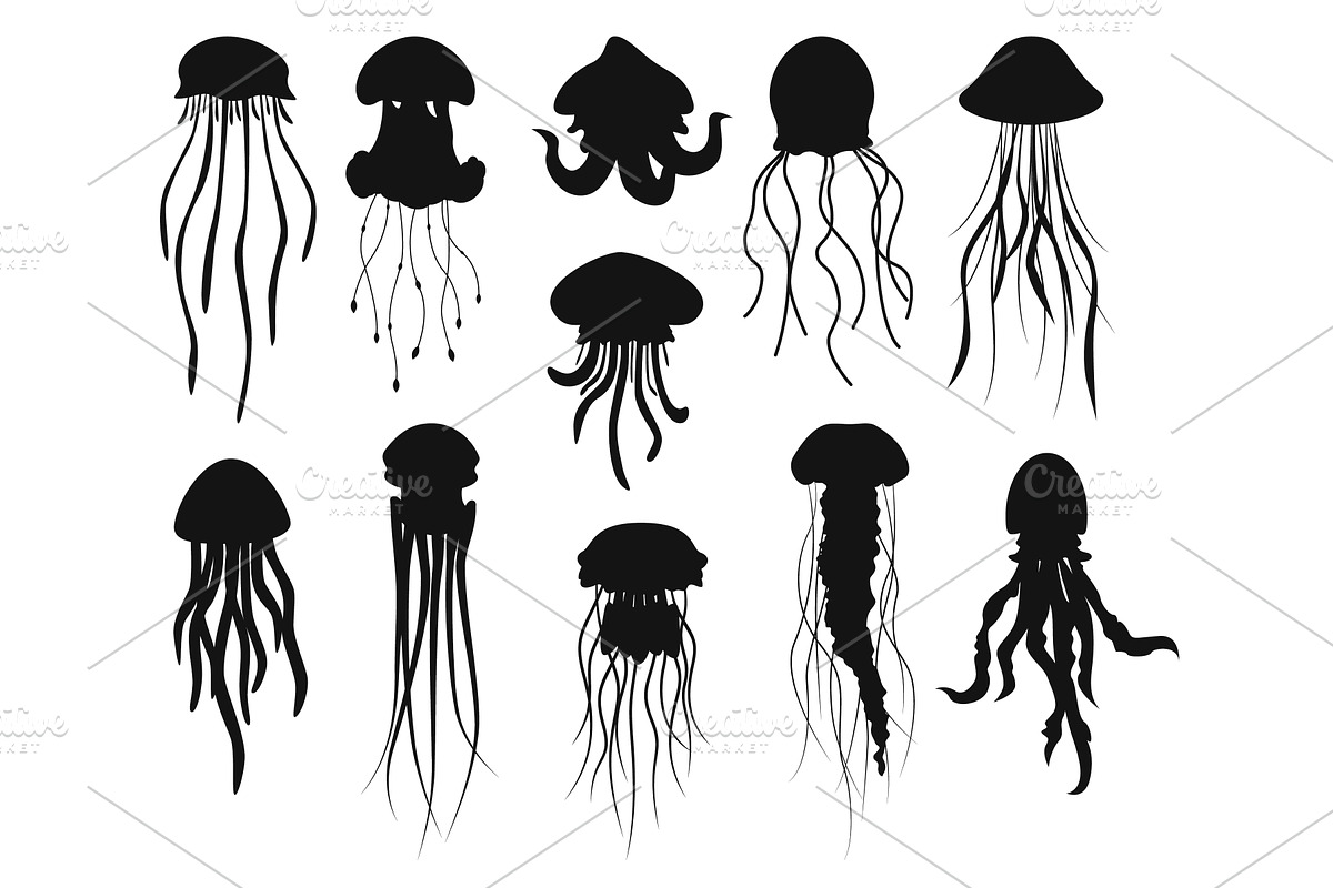 Sea jellyfish black silhouettes, an Animal Illustration by Vectorbuum