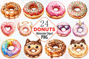 Donut Watercolor Cliparts, an Illustration by RobertsArt