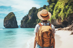 Traveler with a yellow backpack and, a Person Photo by MistyDay