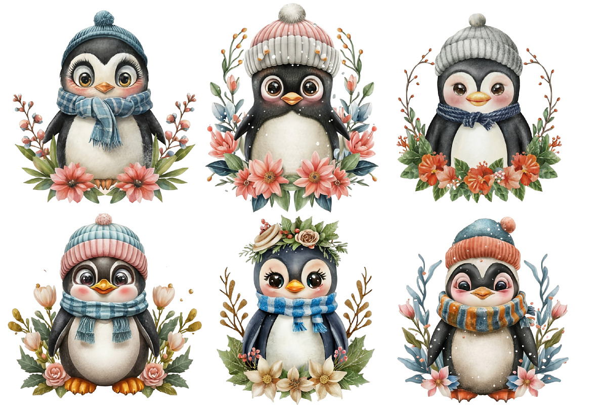 Watercolor Winter Penguin Flower, an Illustration by CraftArtStudio (Photo 2 of 4)