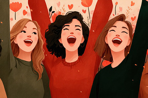 Happy diverse women raising arms in joyful celebration surrounde, a Photo by José Manuel Gelpi