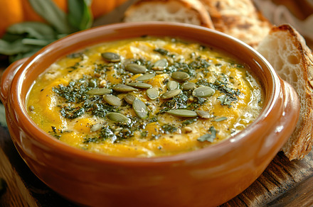 Pumpkin soup with cream and seeds, a Food & Drink Photo by AlyaAnd