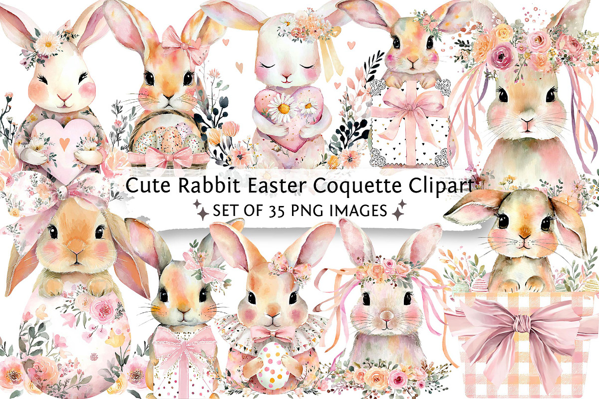 Cute Rabbit Easter Coquette Clipart, an Illustration by DreamPrint404 (Photo 1 of 6)