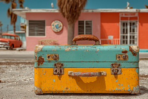 Vintage travel suitcase on a colorful street scene with palm tre, a Photo by AS photostudio