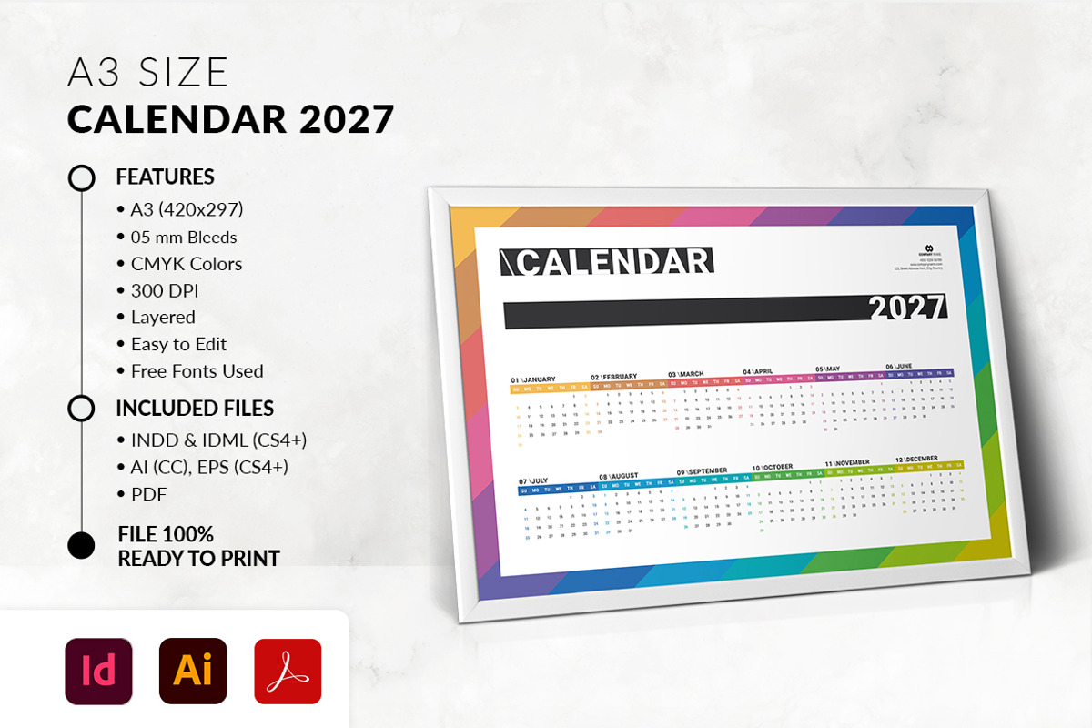 A3 2027 Landscape Calendar Template, a Stationery Template by MstArtwork (Photo 6 of 6)