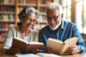 Elderly couple with books studying together in a library, a School & Education Photo by DanFLCreativo