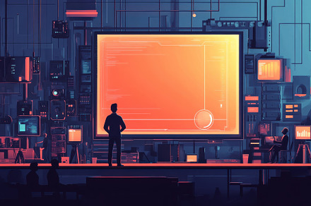 Man observing large futuristic scree, a Background Photo by Pixeness