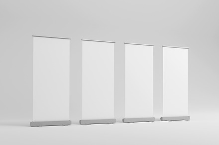 Set of blank roll-up, pop-up or pull-up banner stands. 3d render, a Business Photo by RF Images