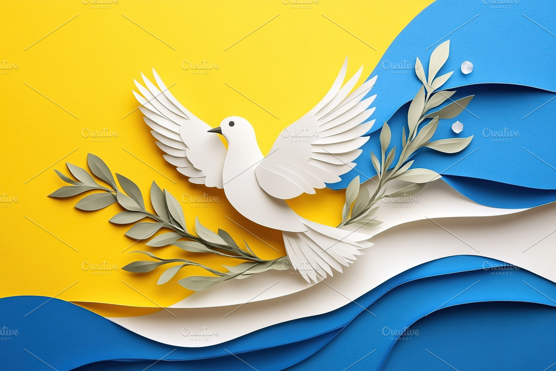 White paper dove of peace with olive branch on Ukrainian flag background, a Photo by AlyaAnd