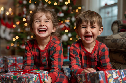 Laughing Kids on Christmas Morning, a Holiday Photo by Andy Dean Photography