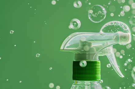 Spray bottle with green liquid and foam on green background, a Photo by Dvoevnore photos