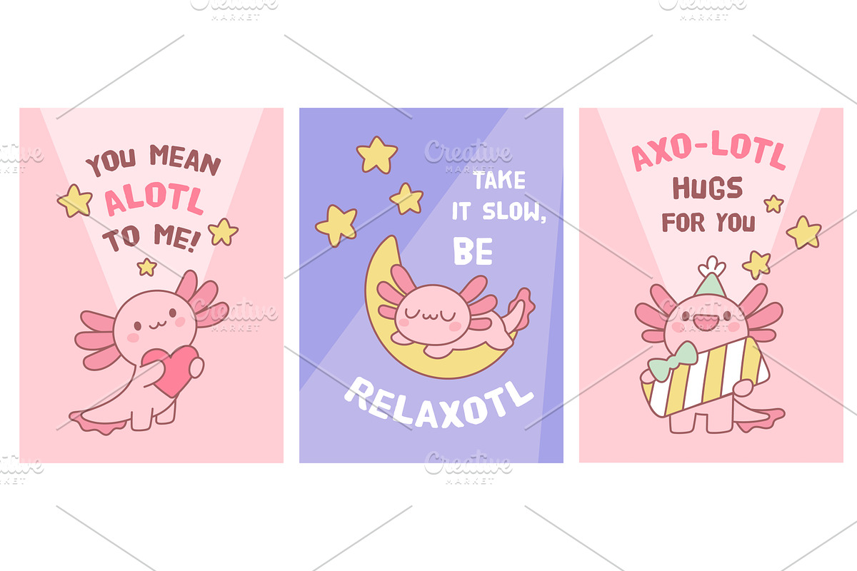 Funny axolotls cards. Cute pink, an Animal Illustration by YummyBuum