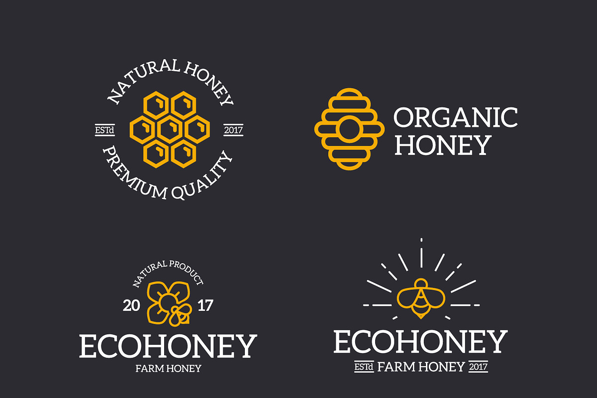 Set of retro vintage honey and bee logo or insignia, emblems, labels and badges and other branding objects. Vector line style, a Branding & Logo Template by GraphiShop (Photo 4 of 4)