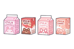 Kawaii style milk drink boxes set on, a Food Illustration by art PVP - market