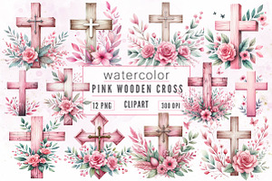 Watercolor Pink Wooden Cross Clipart